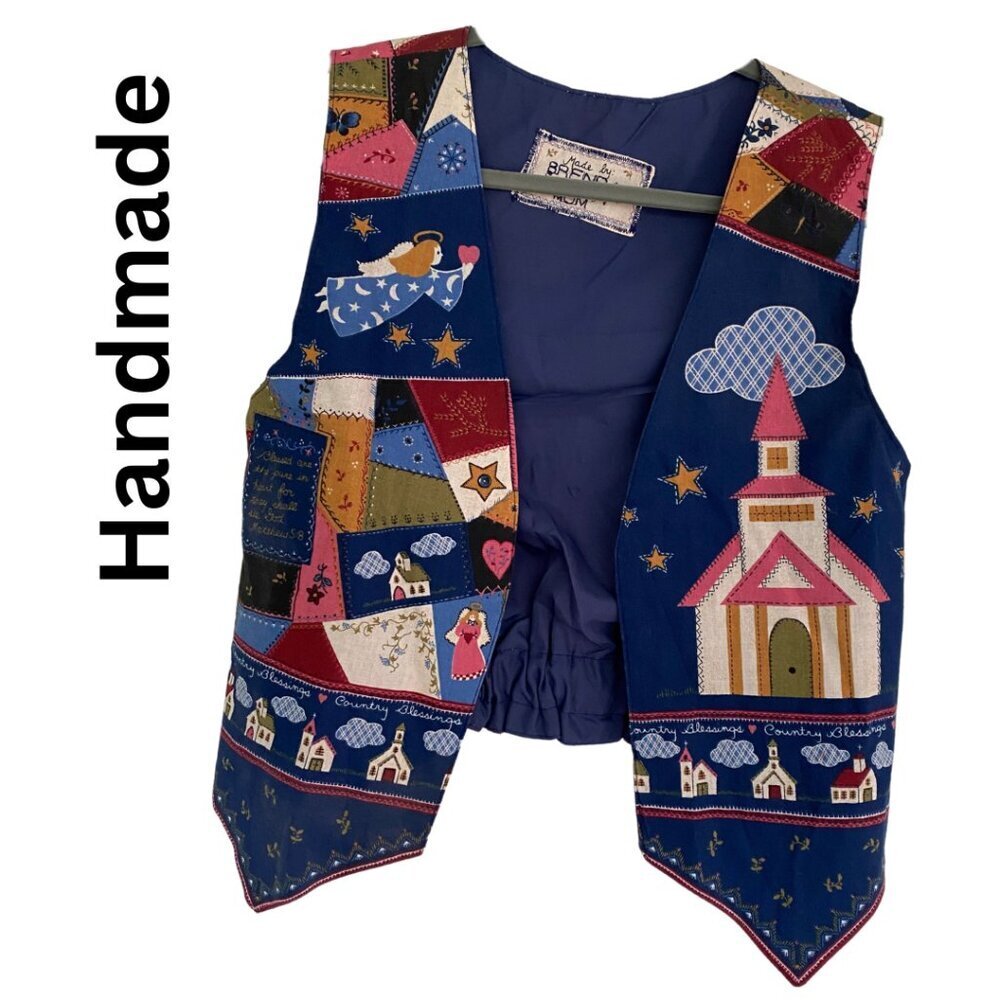 Handmade, Church Christian-themed Open Front Vest, Navy, Blue, Pink, Red‎